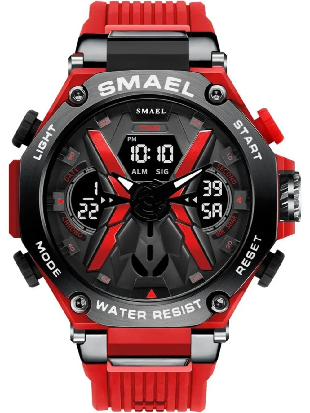 Men's All Red Analog Quartz Sports Waterproof Military Alarm LED Digital Watch
